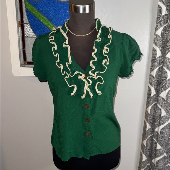 Odille Vintage Y2K Kelly Green Ruffle Collar Short Sleeve Blouse SZ 4 - Picture 1 of 9